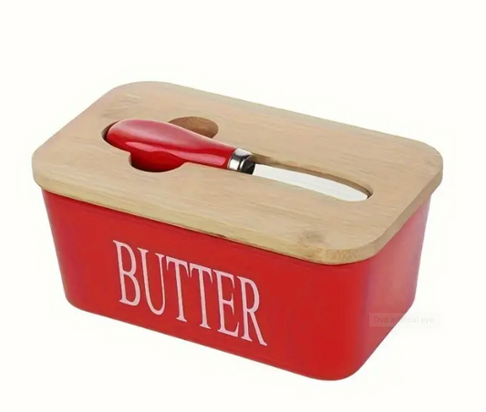 Ceramic Butter Dish with Bamboo Lid and Knife - Large