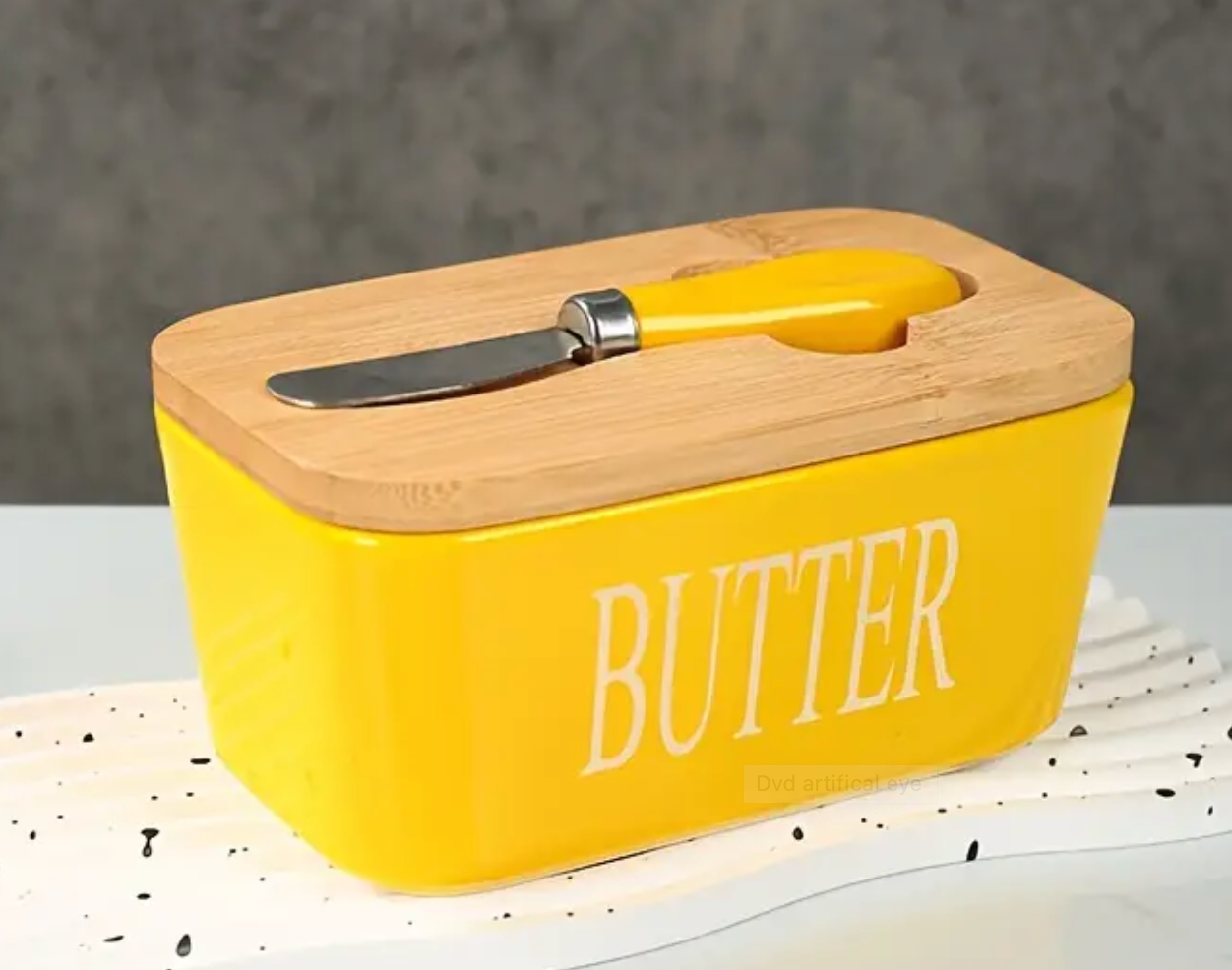 Ceramic Butter Dish with Bamboo Lid and Knife - Large