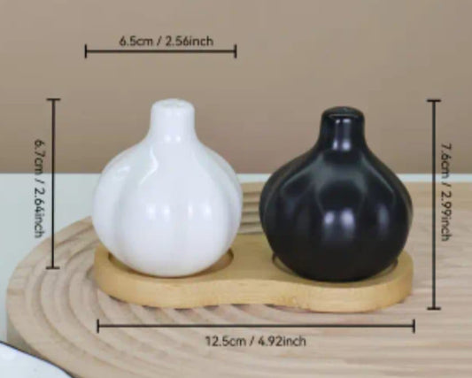 Garlic Salt & Pepper Shakers with Bamboo Base