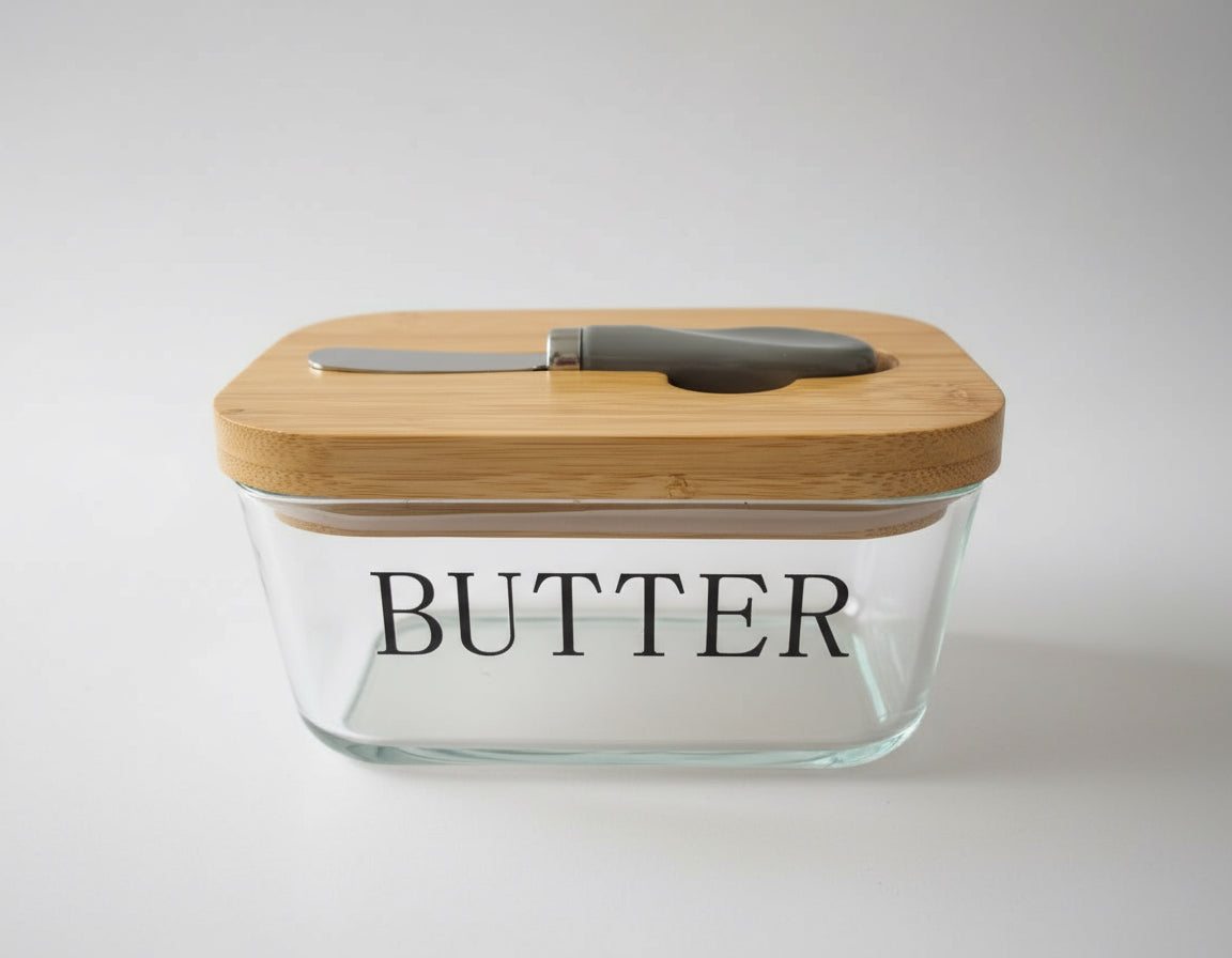 Ceramic Butter Dish with Bamboo Lid and Knife - Large